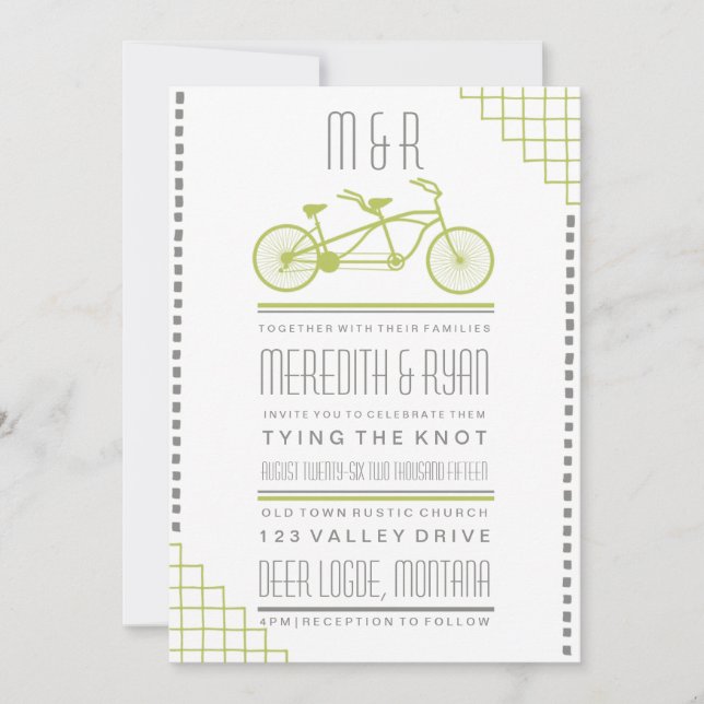 GRAY AND LIME HIPSTER BICYCLE WEDDING INVITATION (Front)
