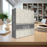 Gray and Linen Vintage Damask Pattern with Name 3 Ring Binder<br><div class="desc">An elegant pattern with a classy font designed for a feminine woman. Add your name or monogram. If you need to make adjustments to the artwork,  click on the customize it button to make changes.</div>