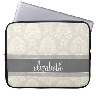 Gray and Linen Vintage Damask Pattern with Name Laptop Sleeve