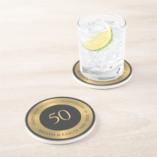 Gray and metallic gold 50th wedding Anniversary Coaster (Side)