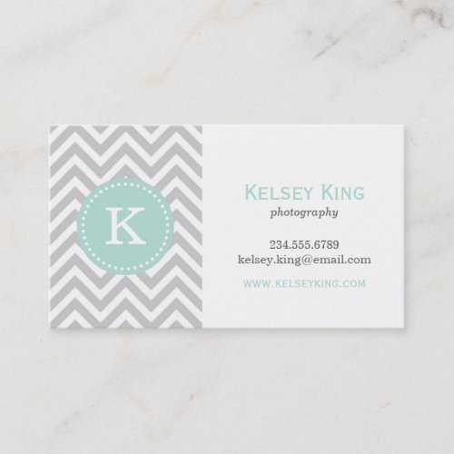 Gray &amp; Mint Chevron Custom Monogram Business Card Templates