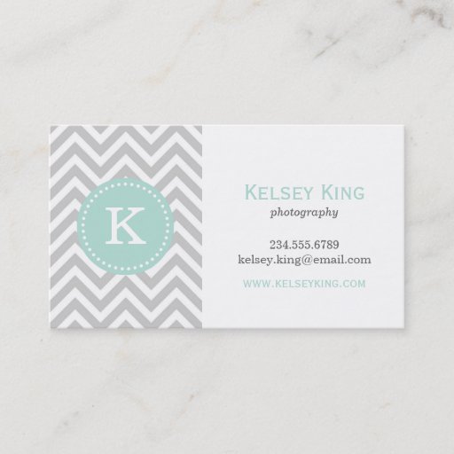 Customizable Gray &amp; Mint Chevron Custom Monogram Business Card Templates