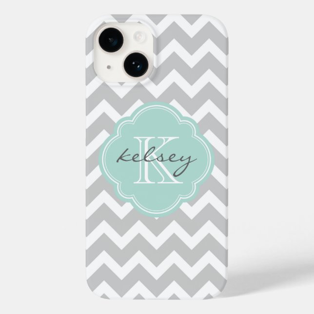 Gray and Mint Chevron Custom Monogram Case-Mate iPhone Case (Back)