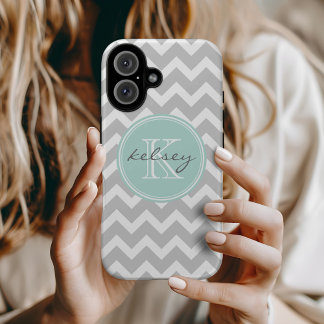 Gray and Mint Chevron Custom Monogram iPhone 16 Case