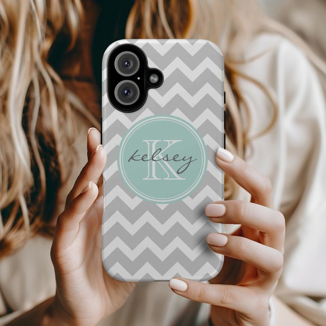 Gray and Mint Chevron Custom Monogram Case-Mate iPhone Case (Creator Uploaded)