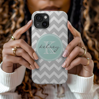 Gray and Mint Chevron Custom Monogram iPhone 15 Case