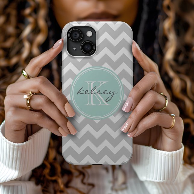 Gray and Mint Chevron Custom Monogram Case-Mate iPhone Case (Creator Uploaded)