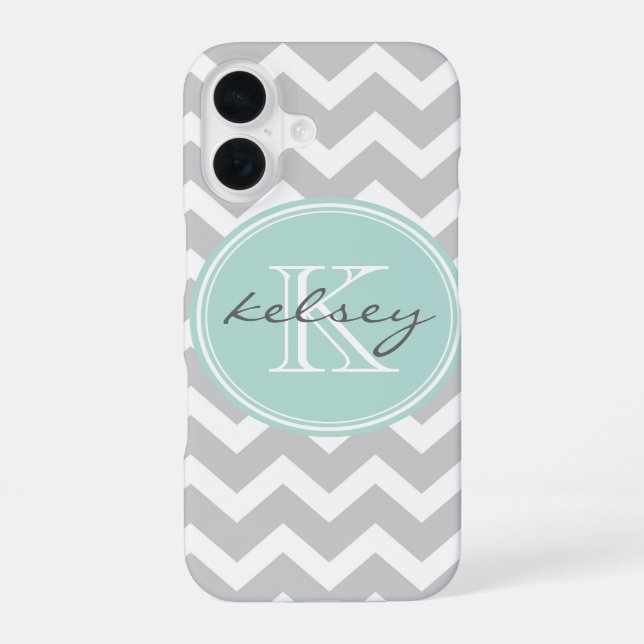 Gray and Mint Chevron Custom Monogram Iphone Case (Back)