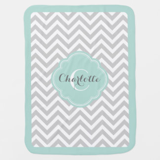 Gray and Mint Chevron Monogram Receiving Blanket
