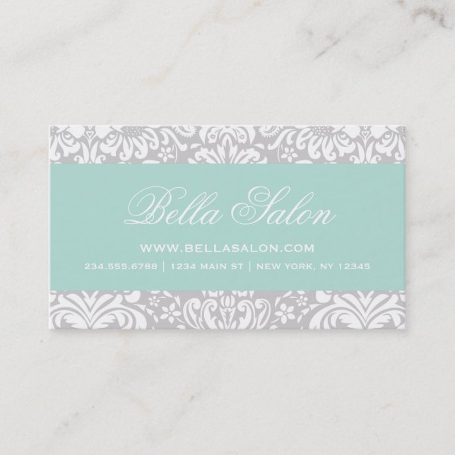 Gray and Mint Elegant Floral Damask Business Card (Front)