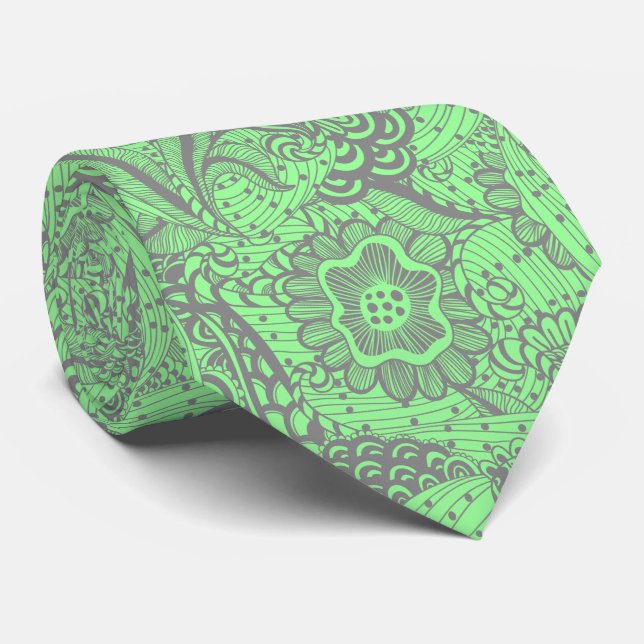 Gray And Mint Green Abstract Floral Neck Tie (Rolled)