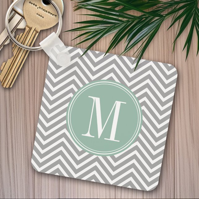 Gray and Mint Green Chevron Pattern with Monogram Keychain (Personalized keychain - Add Name or Monogram)
