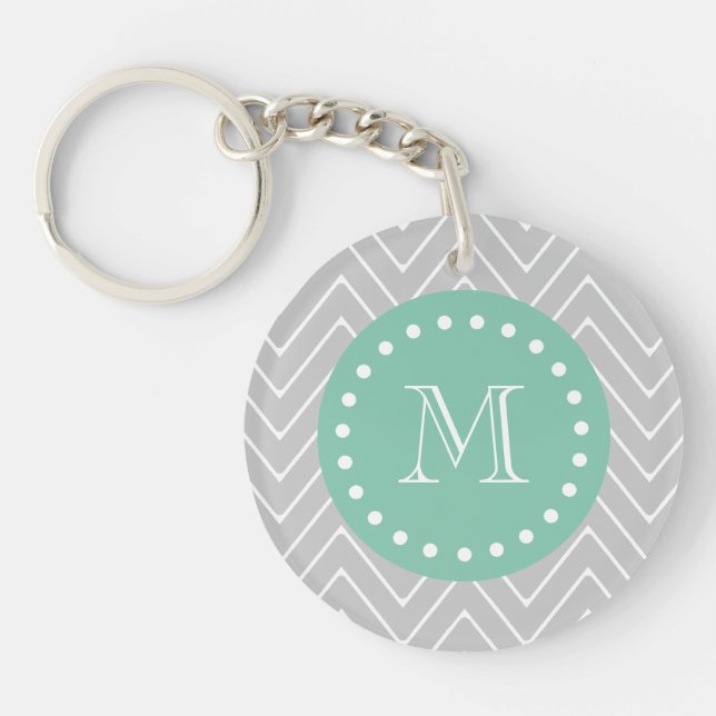 Gray and Mint Green Modern Chevron Monogram Keychain (Front)