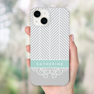 Gray and Mint Herringbone Swirl Custom Monogram Case-Mate iPhone 14 Case