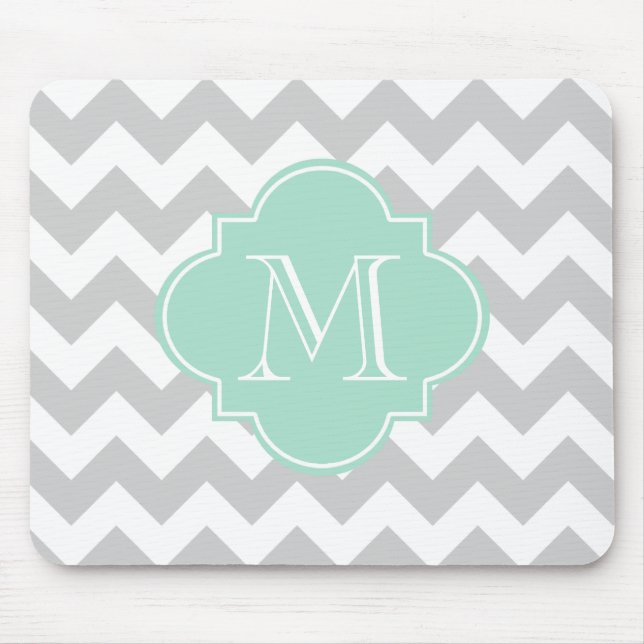 Gray and Mint Modern Chevron Custom Monogram Mouse Pad (Front)