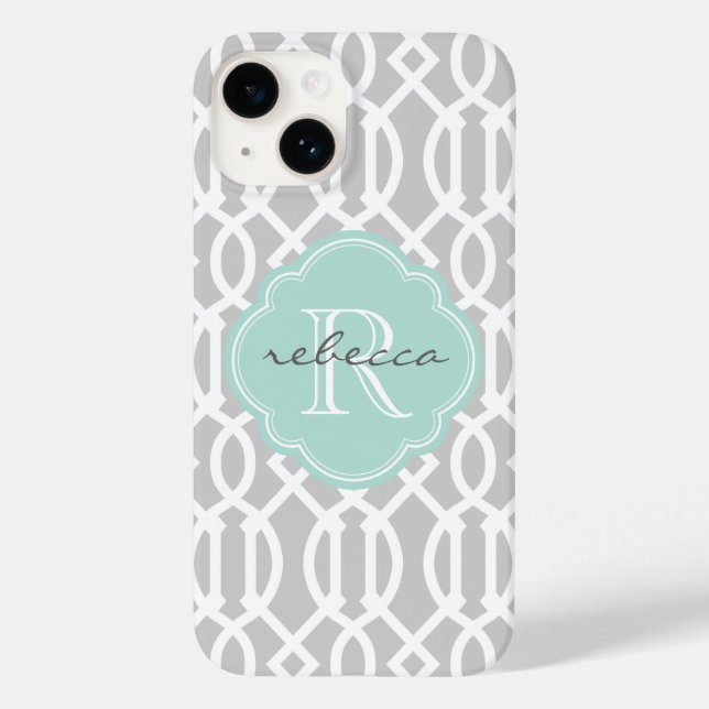 Gray and Mint Modern Trellis Custom Monogram Case-Mate iPhone Case (Back)