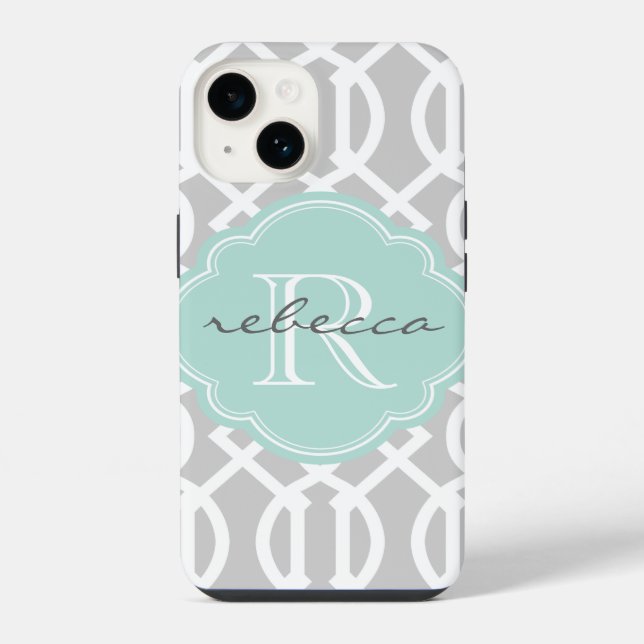 Gray and Mint Modern Trellis Custom Monogram Iphone Case (Back)