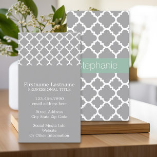 Gray and Mint Quatrefoil Pattern Custom Name Business Card