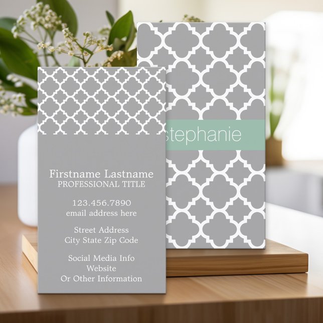 Gray and Mint Quatrefoil Pattern Custom Name Business Card (Custom Printed Business Card)
