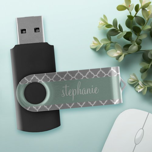 Gray and Mint Quatrefoil Pattern Custom Name USB Flash Drive