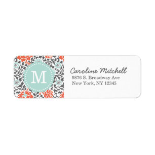 Gray and Mint Retro Floral Damask Custom Monogram Label