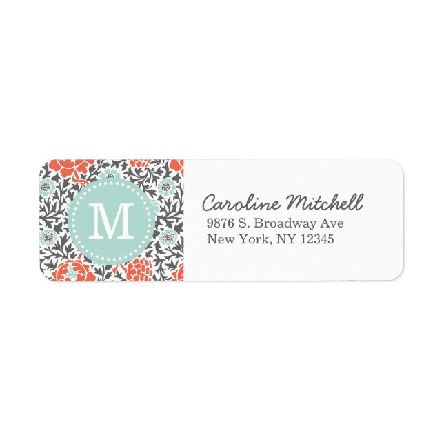 Gray and Mint Retro Floral Damask Custom Monogram Label (Front)