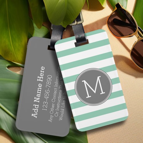Gray and Mint Striped Pattern with Monogram Luggage Tag