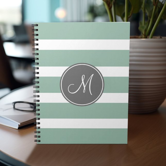 Gray and Mint Striped Pattern with Monogram Notebook (Personalized notebook - add your name or other text)