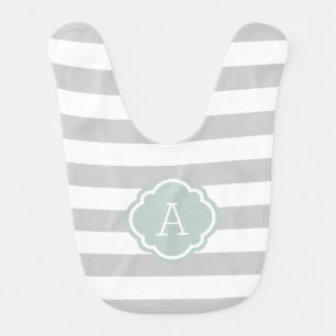 Gray and Mint Stripes Monogram Editable Colors Baby Bib