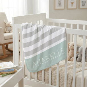 Gray and Mint Stripes Monogram   Editable Colors Baby Blanket