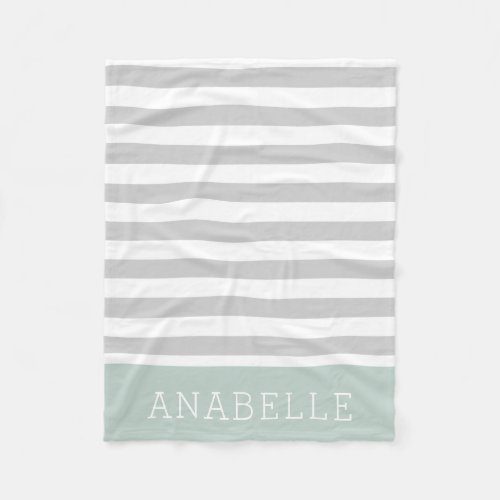 Gray and Mint Stripes Monogram  Editable Colors Fleece Blanket