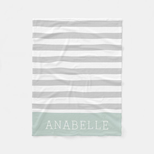 Gray and Mint Stripes Monogram | Editable Colors Fleece Blanket (Front)