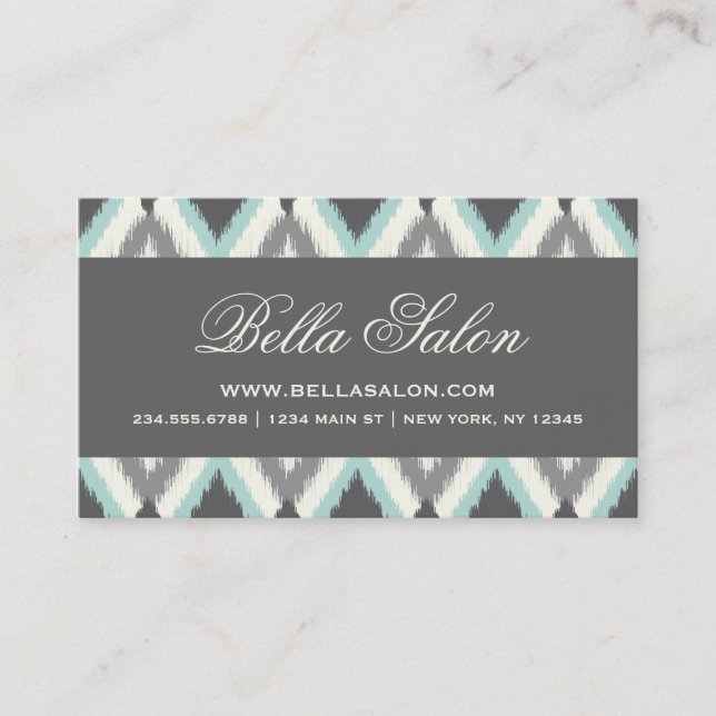 Gray and Mint Tribal Ikat Chevron Business Card (Front)