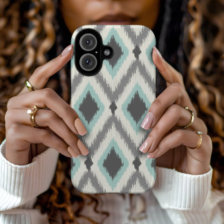 Gray and Mint Tribal Ikat Chevron iPhone 16 Case
