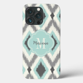 Gray and Mint Tribal Ikat Chevron Monogram iPhone 13 Pro Case