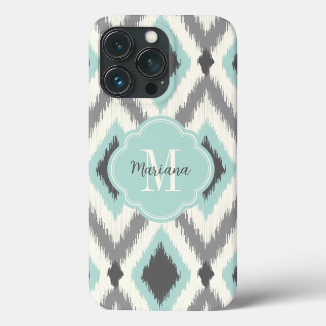 Gray and Mint Tribal Ikat Chevron Monogram Case-Mate iPhone Case (Back)