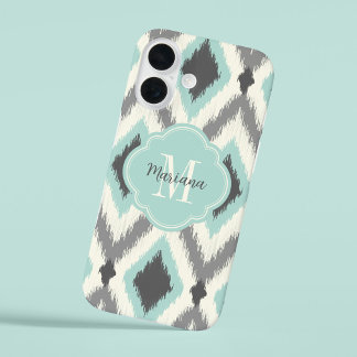 Gray and Mint Tribal Ikat Chevron Monogram iPhone 16 Case