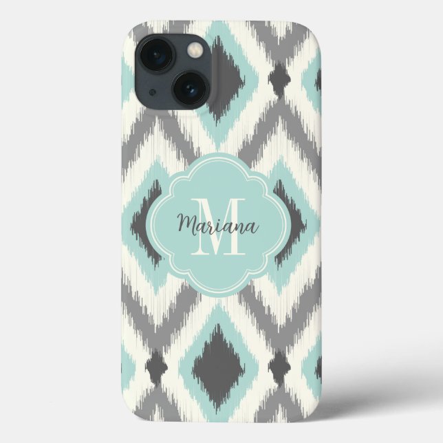 Gray and Mint Tribal Ikat Chevron Monogram Case-Mate iPhone Case (Back)