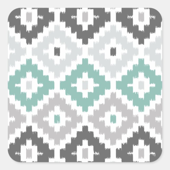 Gray and Mint Tribal Print Ikat Diamond Pattern Square Sticker (Front)