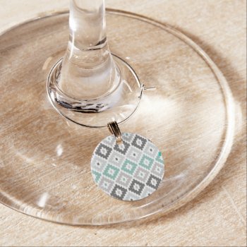 Gray And Mint Tribal Print Ikat Diamond Pattern Wine Charm by SharonaCreations at Zazzle