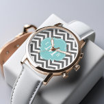 Gray and Mint Zigzags Monogram Watch<br><div class="desc">Elegant and chic watch design features a modern zigzags pattern,  an elegant quatrefoil or clover shaped frame,  and a three letter monogram.</div>