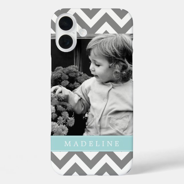 Gray and Mint Zigzags Personalized Photo Case-Mate iPhone Case (Back)