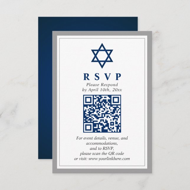 Gray and Navy Blue Bar Mitzvah QR Code RSVP Enclosure Card (Front/Back)