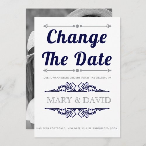 Gray and navy blue Change the Date announcement