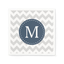 Gray and Navy Blue Chevron Custom Monogram Paper Napkins