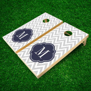 Gray and Navy Blue Chevron Monogram Cornhole Set