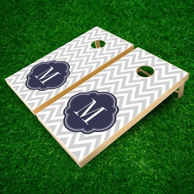 Gray and Navy Blue Chevron Monogram Cornhole Set (Creator Uploaded)