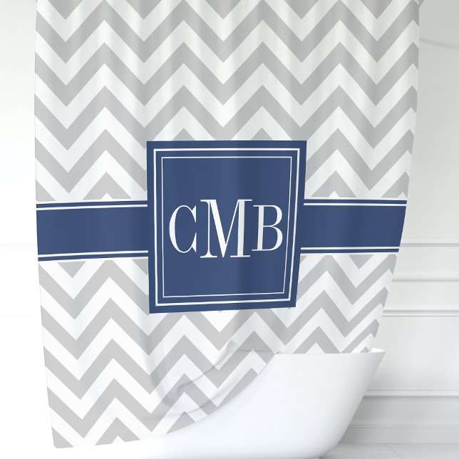 Gray and Navy Blue Chevron Monogram Shower Curtain (Creator Uploaded)