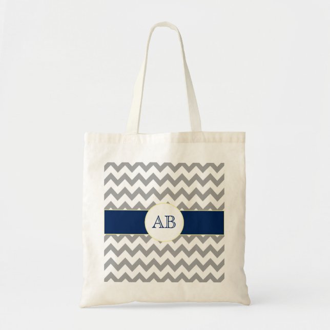 Gray and Navy Blue Chevron Striped Monogram Bag (Front)