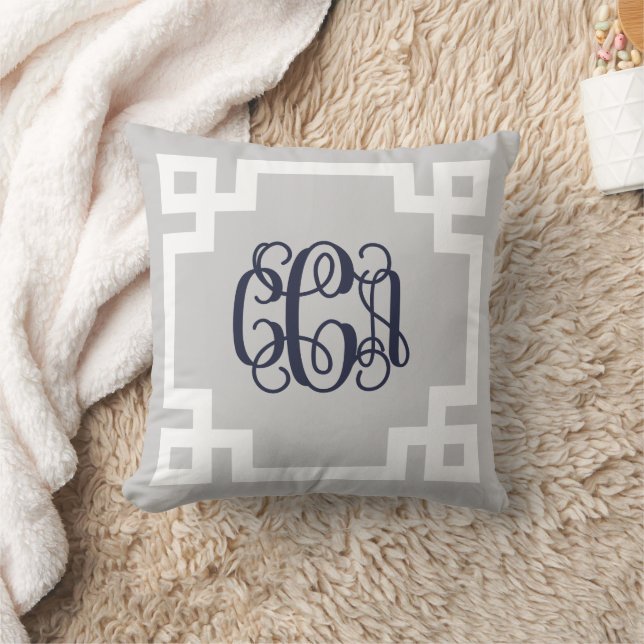 Gray and Navy Blue Greek Key Script Monogram Throw Pillow (Blanket)